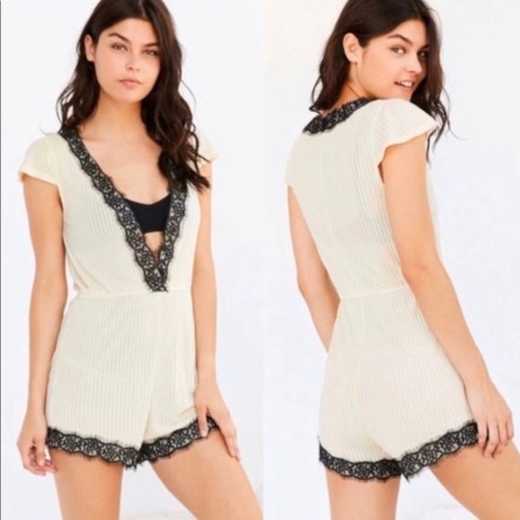 UO Out From Under Lace Trim Deep Vneck Romper - Picture 8 of 8
